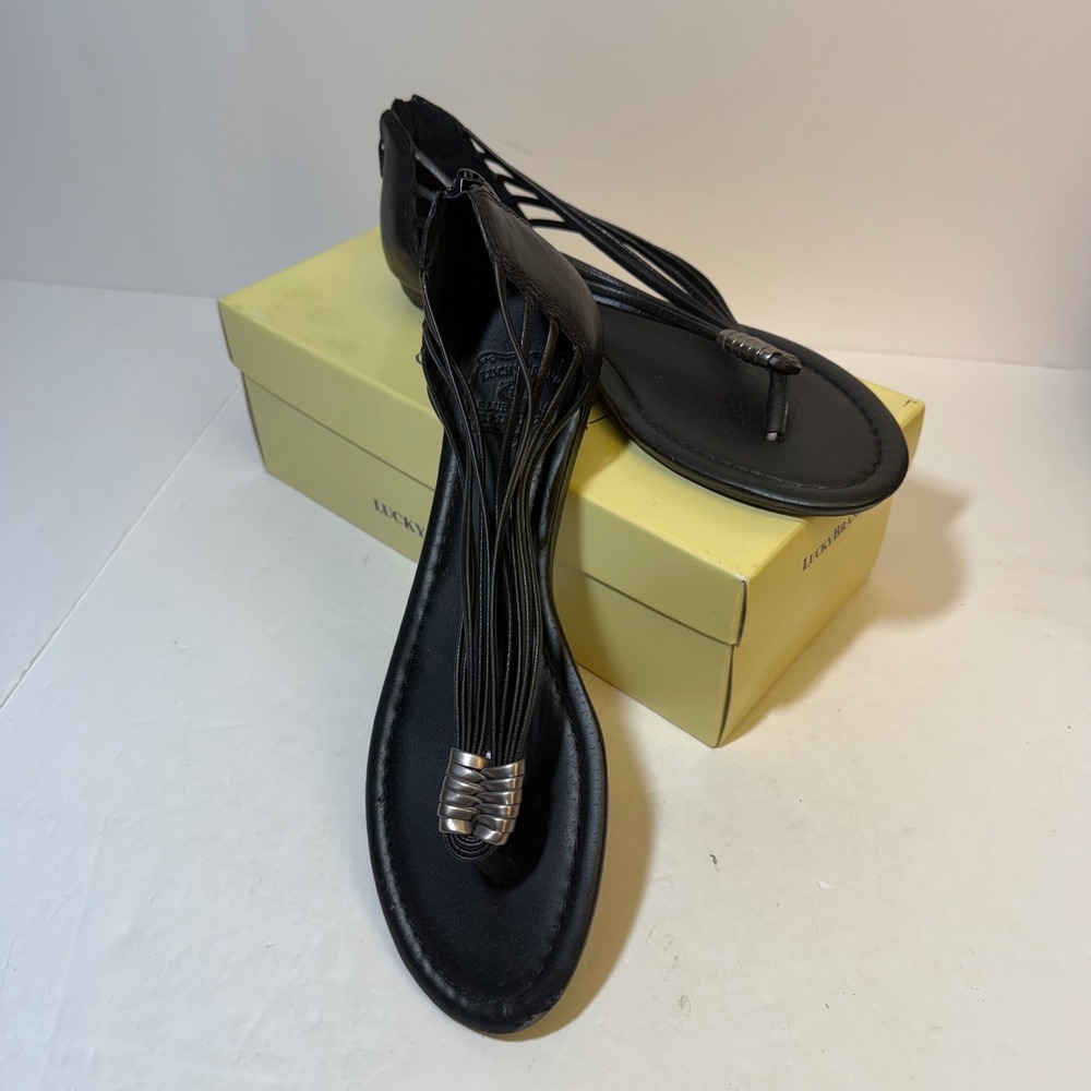 Lucky Brand LK-CARYL Black Oiled Leather Multi Strap Thong Gladiator Sandals 9.5